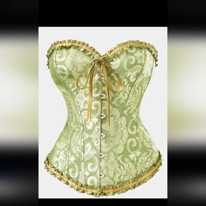 SHEIN Light Green Brocade Sweetheart Corset with Gold Ribbon Trim